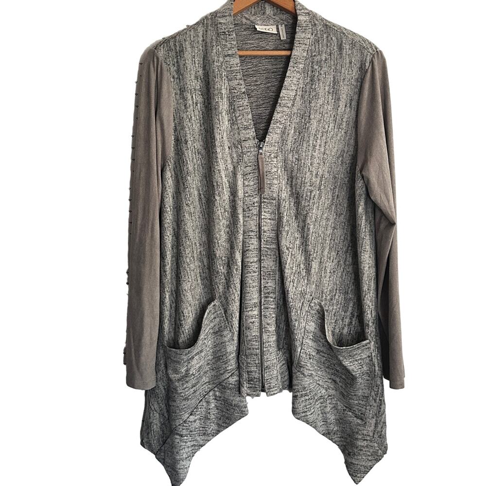 LOGO Lori Goldstein Cardigan Sweater M Gray Zip Pockets V Neck Drapey Faux Suede